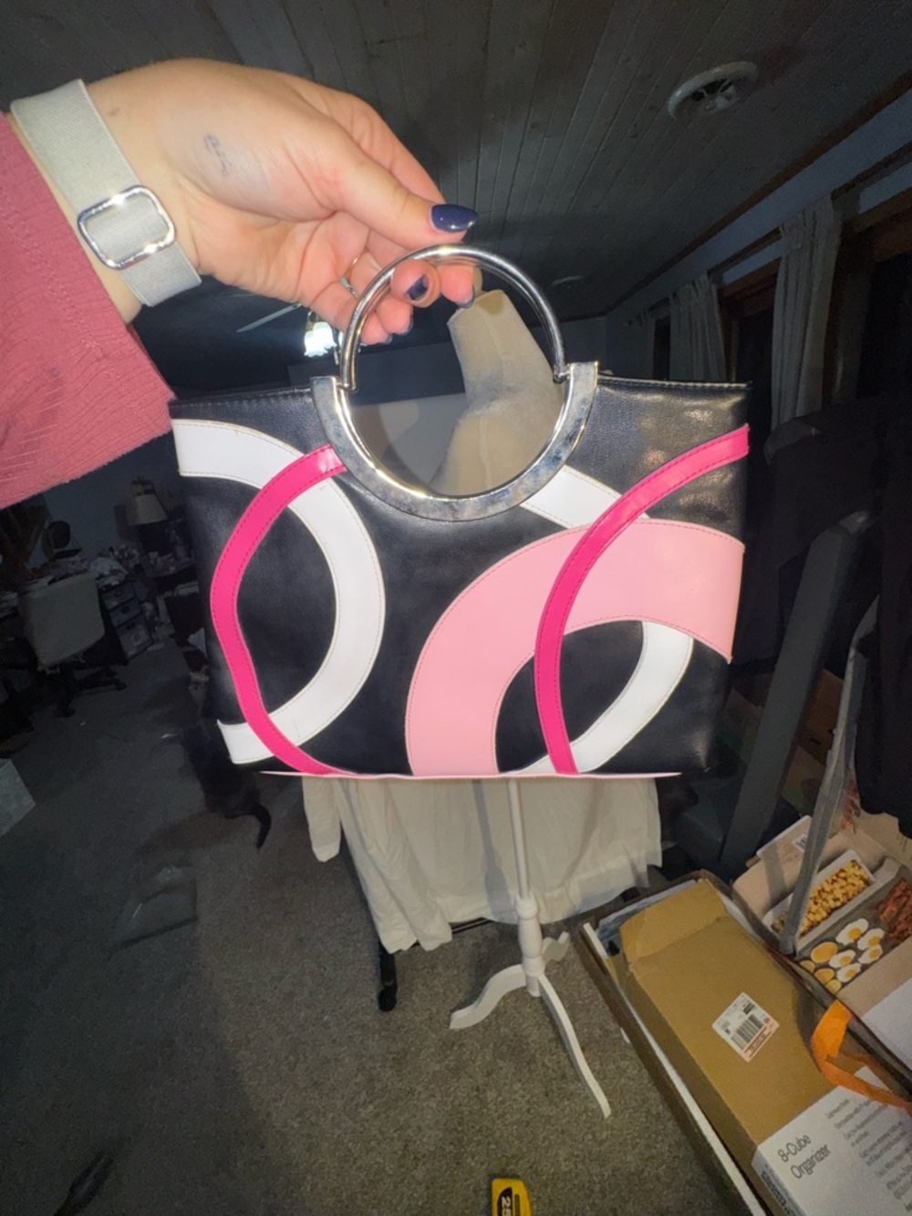 Vintage Y2K Aldo Black Tote with Pink and White Accents and Silver Handles